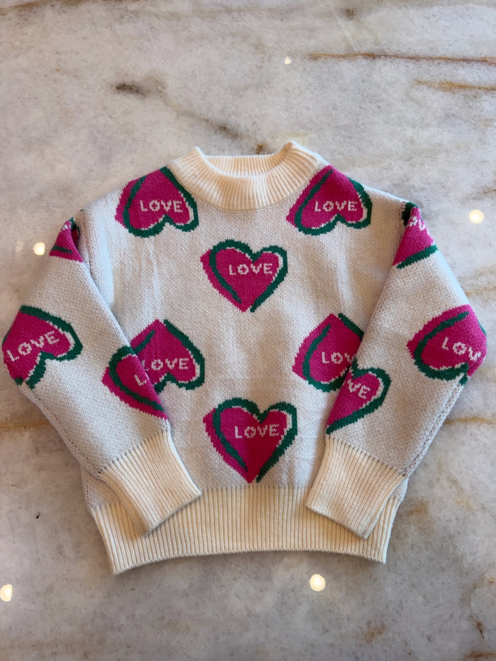 Lola + The Boys Cream Sweater with Pink & Green Heart 'LOVE' Motif -Sz 5/6
